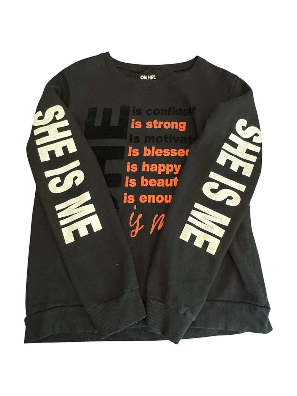ON FIRE She Is Me Black Velour Detail Graphic Print Statement Sweatshirt Sz XL